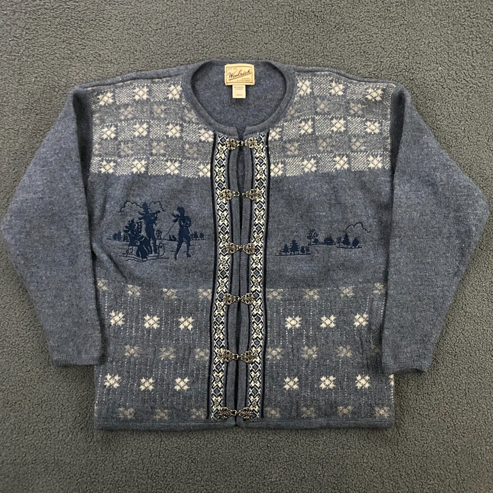 VTG Woolrich Cardigan Sweater Womens Large Wool Nordic Fair Isle Ski winter